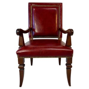 Poltrona Trono Stile Impero in Cuoio Rosso e Faggio con Borchie in Bronzo, Anni 80